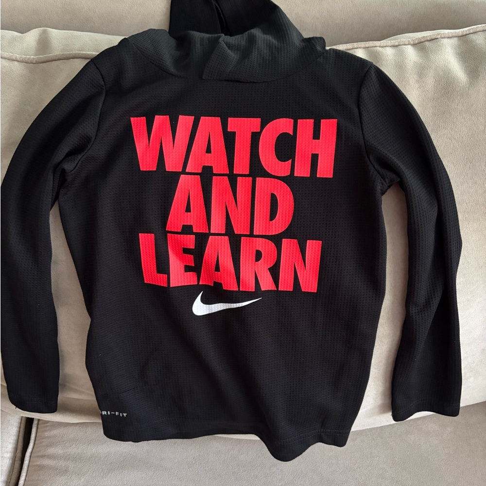 Nike Kids Black Hoodie with Red 'Watch and Learn' Design-size 6